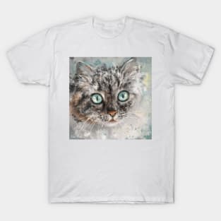 Chaotic Painting of a Grey and White Cat with Gorgeous Light Blue Eyes T-Shirt